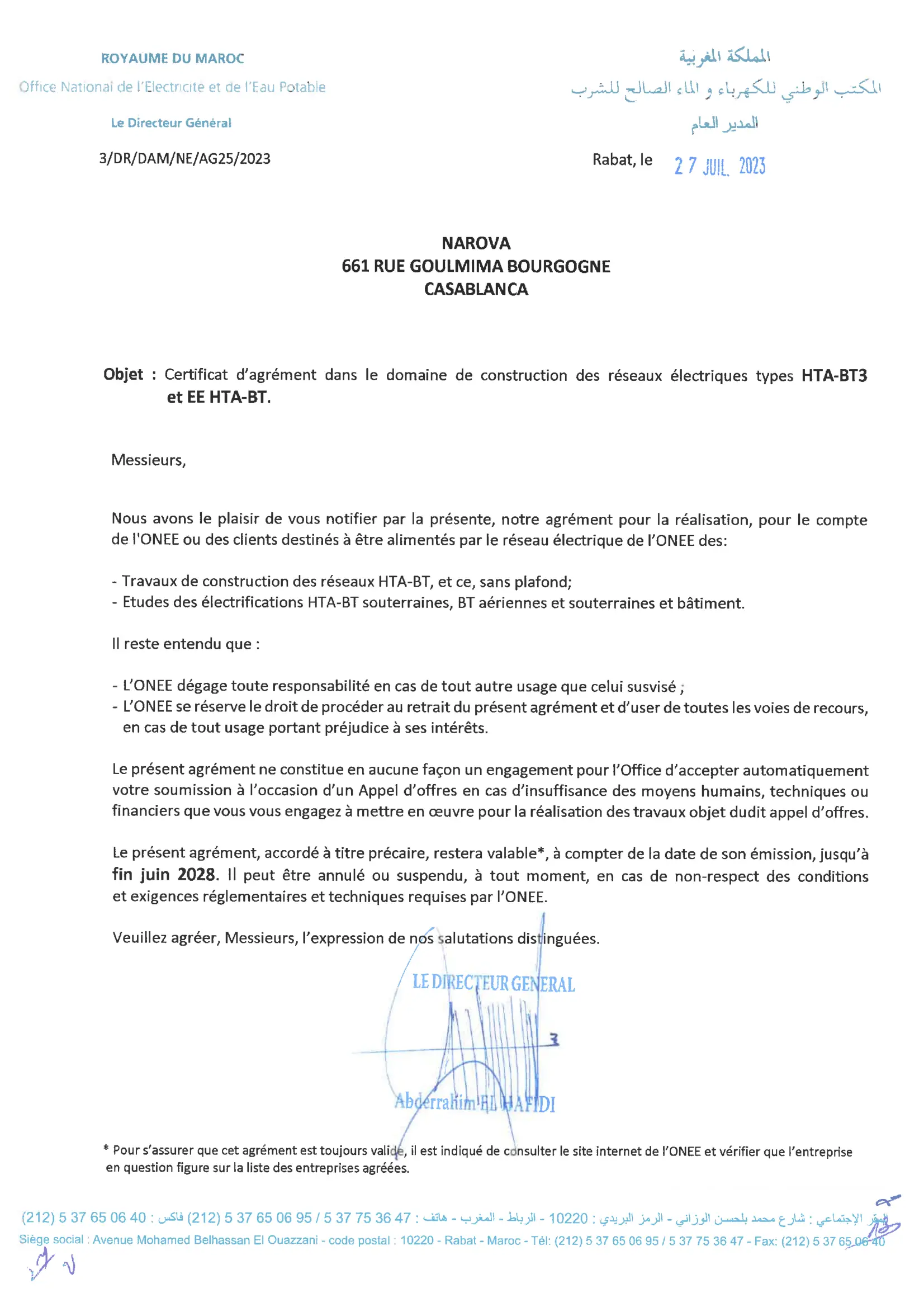 Agrément ONEE MT BT3-1 Agrément ONEE moyenne/basse tension (MT/BT) — NAROVA